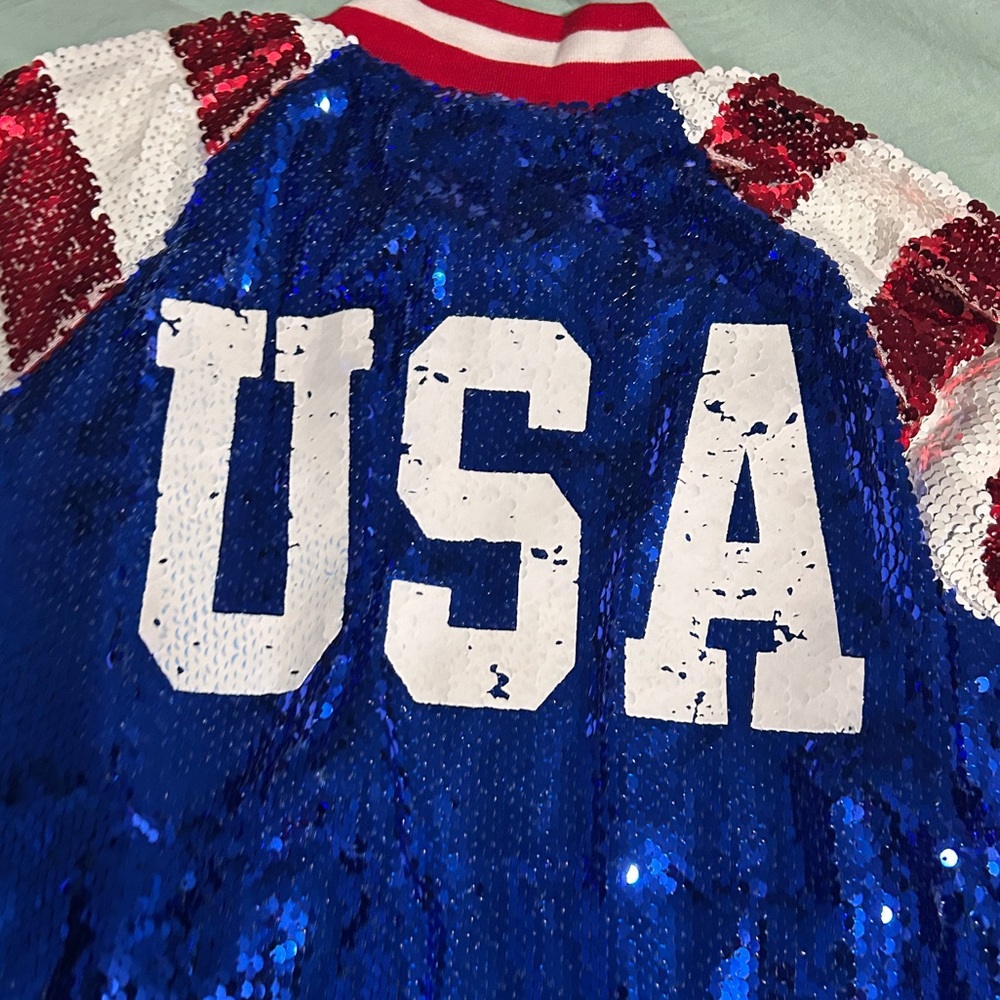 BiBi US Flag Theme Color Block Sequin Bomber Jacket - Picture 5 of 14